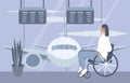 Illustration in a flat style - a woman, who use wheelchair in the waiting room of the airport