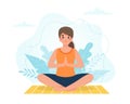 Yoga at home. Woman doing yoga with leaves background Vector illustration in flat style