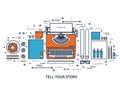 Vector illustration. Flat typewriter.Laptop. Tell your story. Author. Blogging.Line art.