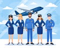 Vector illustration of flight crew, pilots and flight attendants, showing humble gesture. Ai image generated. Royalty Free Stock Photo