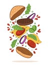 Vector illustration. Flipping burger. Cartoon flat style. Food levitation