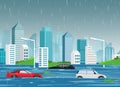Vector illustration of flood natural disaster in cartoon modern city with skyscrapers and cars in water. Storm in the Royalty Free Stock Photo