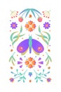 Vector illustration floral card cover. Flowers, moth and leaves in rectangular arrangement