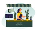 Vector illustration. florist girl sells home plants in pots. flower shop.