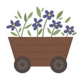 Vector Illustration Of Flower Bed. Garden Decorative Wheelbarrow Like Wooden Flowerbed With Plants. Beautiful Spring And Summer