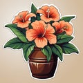 vector illustration of a flower pot with orange hibiscus flowers on a beige background Royalty Free Stock Photo