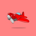 Vector illustration of a flying bright red plane in cartoon style with a gray propeller, a blue cockpit on a pink background Royalty Free Stock Photo