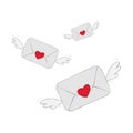 Vector illustration. Flying closed envelope with wax heart heart and wings.