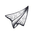 Vector illustration. Flying paper airplane. Travel by plane. Hand drawn ink sketch. Graphic vintage element