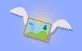 Vector illustration of a flying picture of a wooden frame painted with a landscape with white wings on a gradient background from