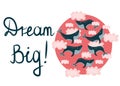 Vector illustration with flying, swimming whales in pink clouds. Dream big.Motivation concept.