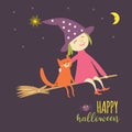 Vector illustration of flying young witch with cat