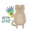 Vector illustration with a fold cat and a bouquet of flowers. A cute brown cat gives a catnip bouquet with love. Flat illustration