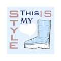 Illustration of Font poster with winter women shoes. Graphic top view footwear for female and lady. Fashion design for