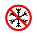 Vector Illustration of a forbidden signal with a snow flake. Red prohibitory sign. No snowflake. No frozen. Stop symbol