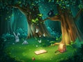 Vector illustration of a forest glade with raven and book Royalty Free Stock Photo