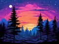 vector illustration of a forest landscape with pine trees and stars at sunset Royalty Free Stock Photo