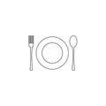 Vector illustration. fork, spoon and plate line icon on white background. Restaurant menu icon. Royalty Free Stock Photo