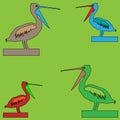 Vector illustration of four birds pelican with open beaks of different colors