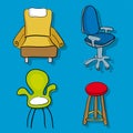 Four cartoon chairs and sofa in cartoon style.