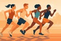 Vector illustration of four diverse athletes sprinting on a track in a stylized flat design with vibrant warm tones Royalty Free Stock Photo