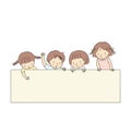 Vector illustration of four little kids, boy & girls, pointing and looking at blank template for presentation, brochure or banner