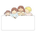 Vector illustration of four little kids, boy & girls, pointing and looking at blank template for presentation, brochure or banner