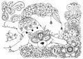 Vector illustration , Fox, in the flowers. Doodle drawing mushrooms. Coloring book anti stress for adults. Black white. Royalty Free Stock Photo