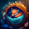 Vector illustration of a fox in a nest of twigs with leaves generative AI Royalty Free Stock Photo