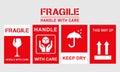 Vector illustration of Fragile, Handle with Care or Package Label stickers set. Red and white colour set. Banner format Royalty Free Stock Photo