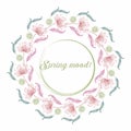 Round decorative frame with flowers, spring mood. Vector illustration