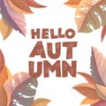 Vector illustration with frame from hand drawn colorful leaves and lettering Hello Autumn isolated on white background. Design for Royalty Free Stock Photo