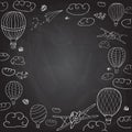 Vector illustration, frame with hot air balloons. Chalkboard imitation for your designs. White outline upon black background Royalty Free Stock Photo