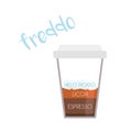 Freddo coffee cup icon with its preparation and proportions and names in spanish