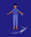 Vector illustration of freedom, release from alcohol addiction with happy man flying after breaks chain with bottle