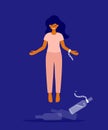 Vector illustration of freedom, release from alcohol addiction with happy woman flying after breaks chain with bottle Royalty Free Stock Photo