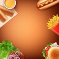 Vector illustration of French fries, hot dog, cheeseburger , fried patty with sauce and grilled meat with vegetables Royalty Free Stock Photo