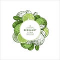 Fresh bergamot round design template. Engraved style illustration. Kaffir lime frame. Vector illustration