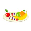 Vector illustration fresh organic fruits berries and almond nuts on a plate. Healthy diet whole food dietary fiber