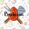 Fried meat, knive and fork with lettering on barbecue or grill elements background