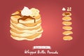 Vector illustration of fried Pancakes topping with syrup, whipped cream and bananas