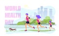 Vector illustration of friendly family running in city Park, man, woman, child and dog doing outdoor sports, flat design.World Royalty Free Stock Photo