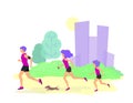 Vector illustration of friendly family running in city Park, man, woman, child and dog doing outdoor sports Royalty Free Stock Photo