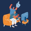 Vector illustration of friends fans sitting on couch and watch sport tv show over dark backround