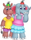 Friendship of elephant and hippo ccartoon standing with smile and hugging Royalty Free Stock Photo