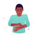 Vector illustration of a frightened man who examines his hand. The man found a tumor on his arm. Symptoms of lipoma, cyst, tumor