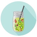 Vector illustration of fruit infused home made water or agua fresco in mason jar with a black straw and long shadow design.