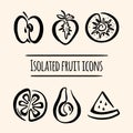 Vector illustration of fruits: apple, strawberry, kiwi, orange, avocado, watermelon. Logos, icons, minimalism Royalty Free Stock Photo