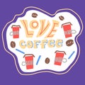 Vector illustration of fun red cups of coffee with steam and sugar on violet and white background. Coffee time concept