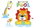 Vector illustration of funny animals swimming, lion on swim ring, giraffe wearing diving goggles, little fish jump out from water Royalty Free Stock Photo